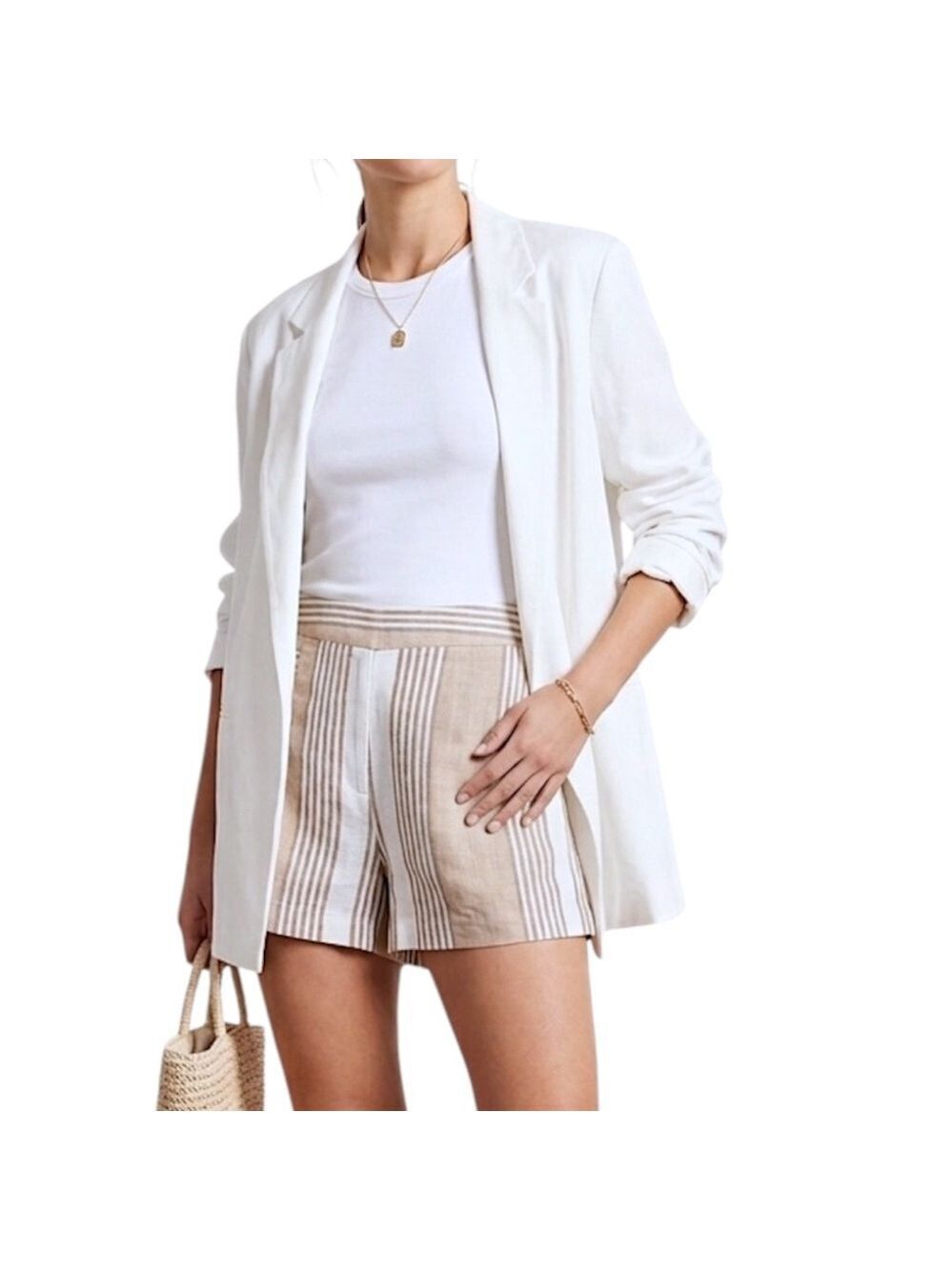 BCBGeneration linen cotton beige taupe white stripe old money coastal shorts 2